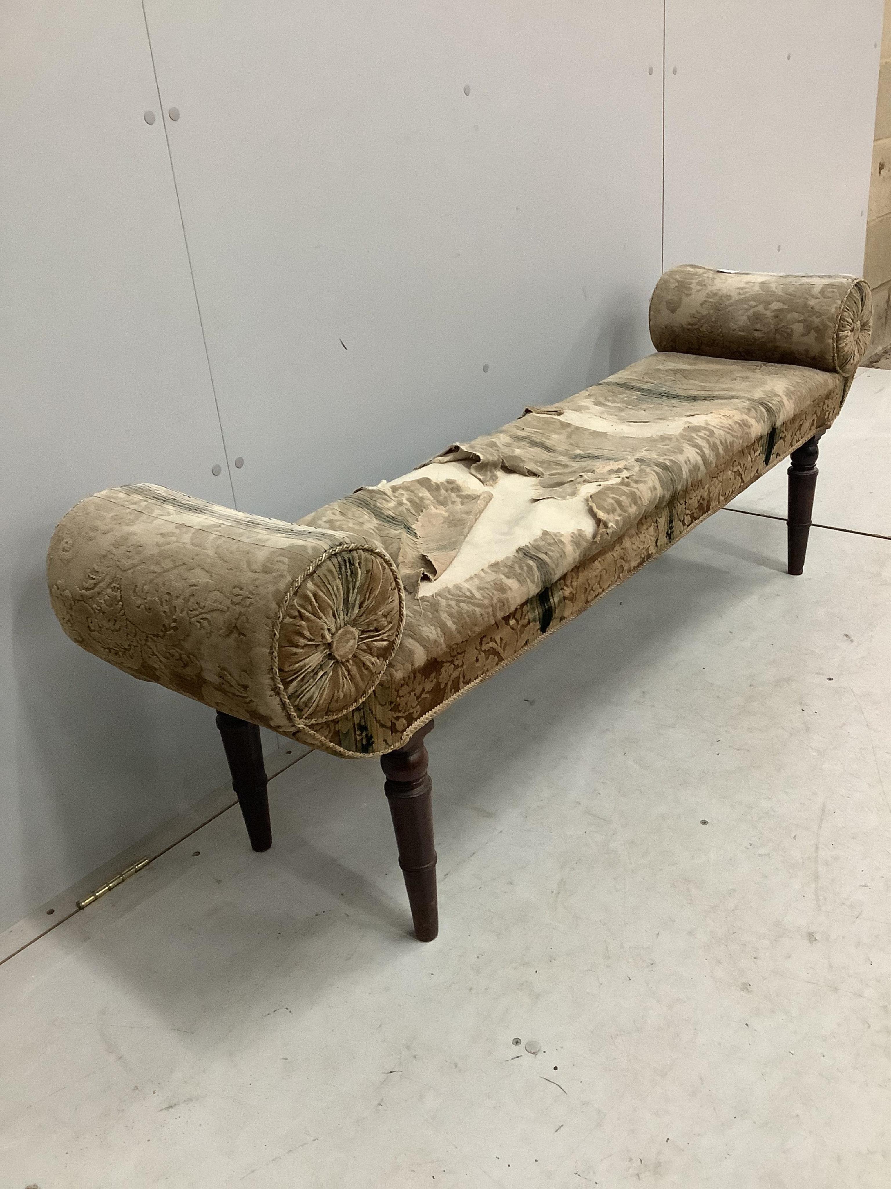 A Victorian upholstered window seat, width 150cm, depth 37cm, height 54cm. Condition - fair, upholstery poor